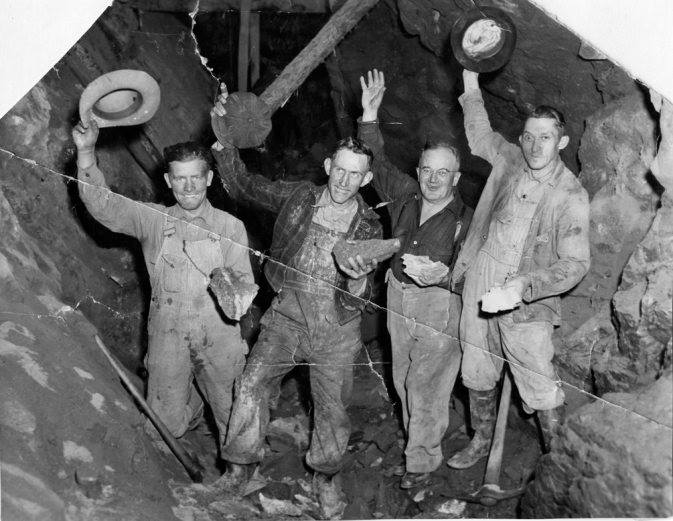 Mining promoter Graham Dugas (man with glasses) and three local miners pose for the camera with their new gold discovery in November 1939. This was literally Lumpkin County';s last "hurrah" for the gold mining industry.